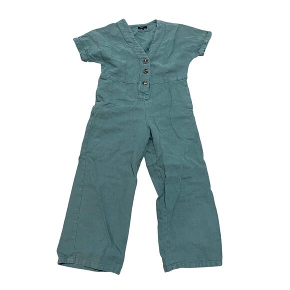 FRNCH Linen Short Sleeve Jumpsuit Women XS Green Button Front Minimalist Classic - Picture 1 of 5